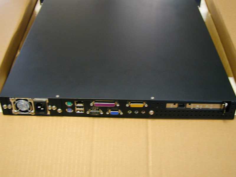 The same 1U server but from the back, showing the connection ports.
