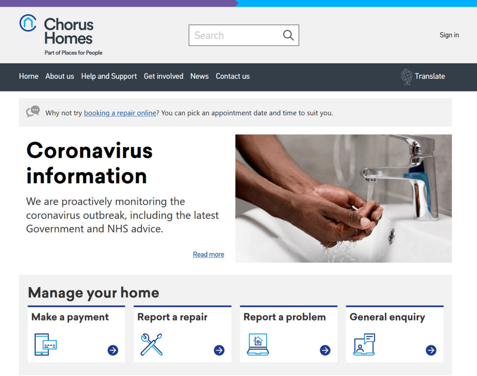 The chorus website as live; the top article is about Coronavirus information