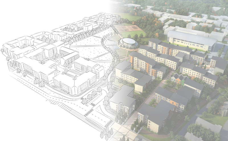 An overhead view of a campus, with the left half being a drawing, and the right a computer generated photo.