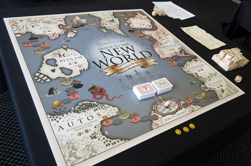 The board game laid out with all of the cards and other items in play