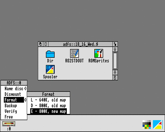 A RISC OS 2 desktop, showing a filer window and the ability to format floppy disks to a whole 800K!