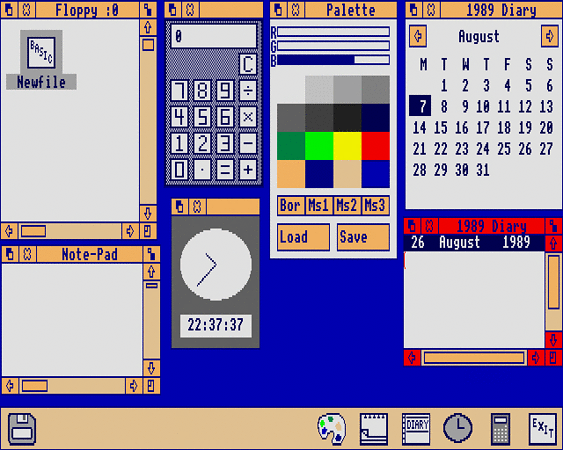 Full AuthurOS desktop with a number of simple applications running such as a clock and calculator.  They look old-fashioned.