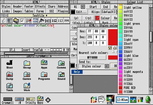 A RISC OS desktop running a text editor with my HTML software next to it - a colour list and editor is open.  There's also a filer window with custom icons for each directory.