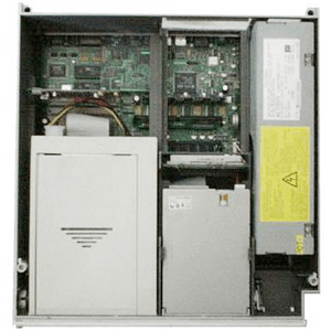 A RiscPC with the top off, seen from above.  In this picture most of the computer is obscured by a CD ROM drive and a hard drive.