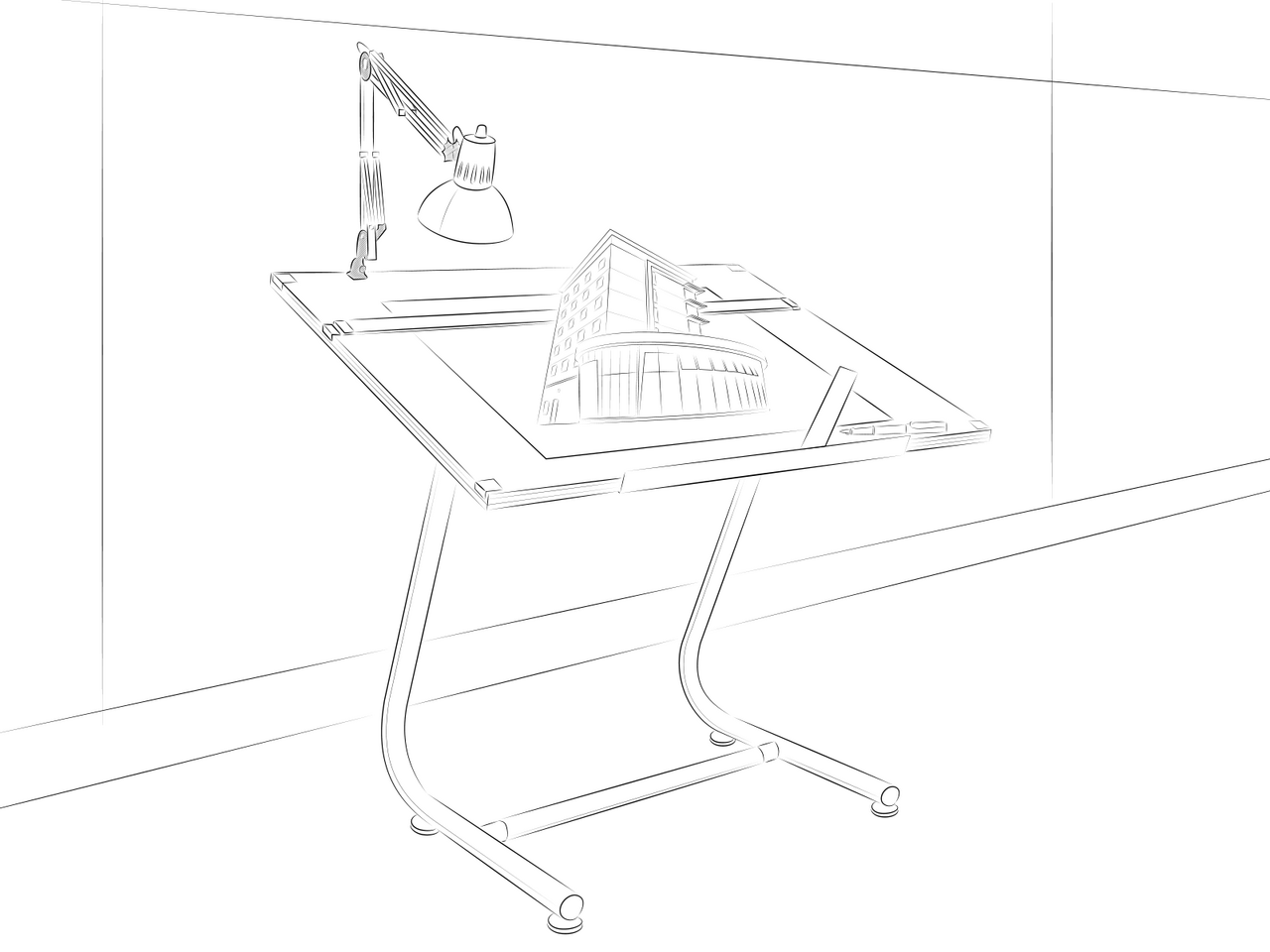 A draughting table with a building growing from the paper