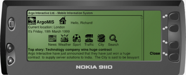 A small test news site running on a fake Nokia smart phone