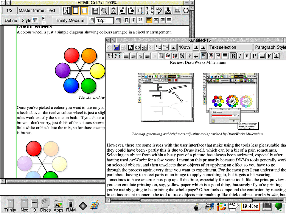 Two desktop publishing programs running, showing information about creating web pages.