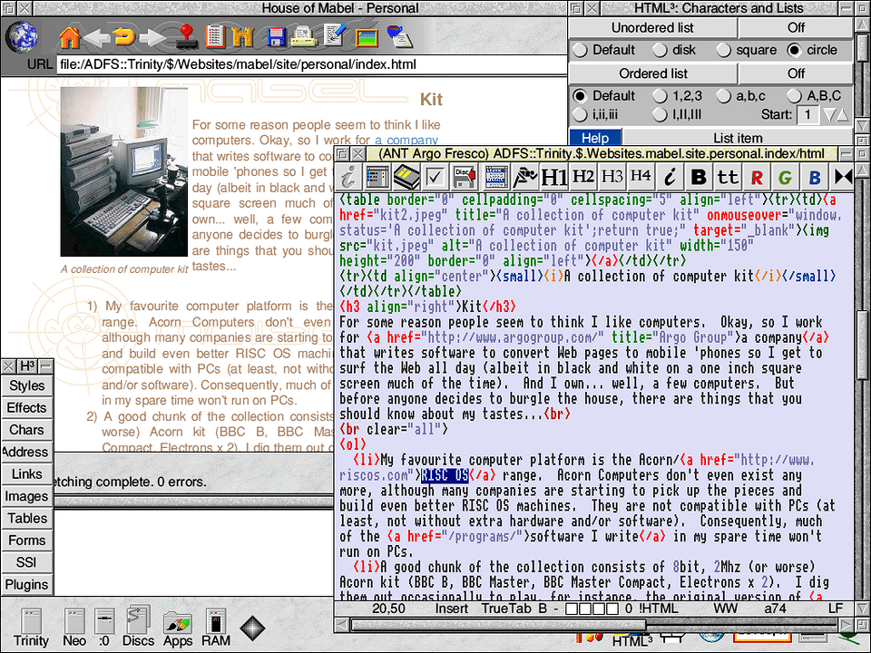 A text editing window full of code, over the resulting web page.  There are some other windows scattered around with buttons for creating code.