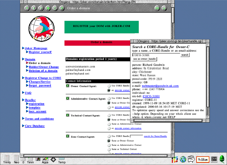 Joker.com domain registrar home page from the year 2000