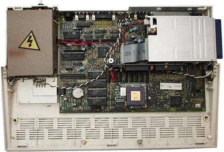 A3000 with the keyboard and network card removed, revealing more chips